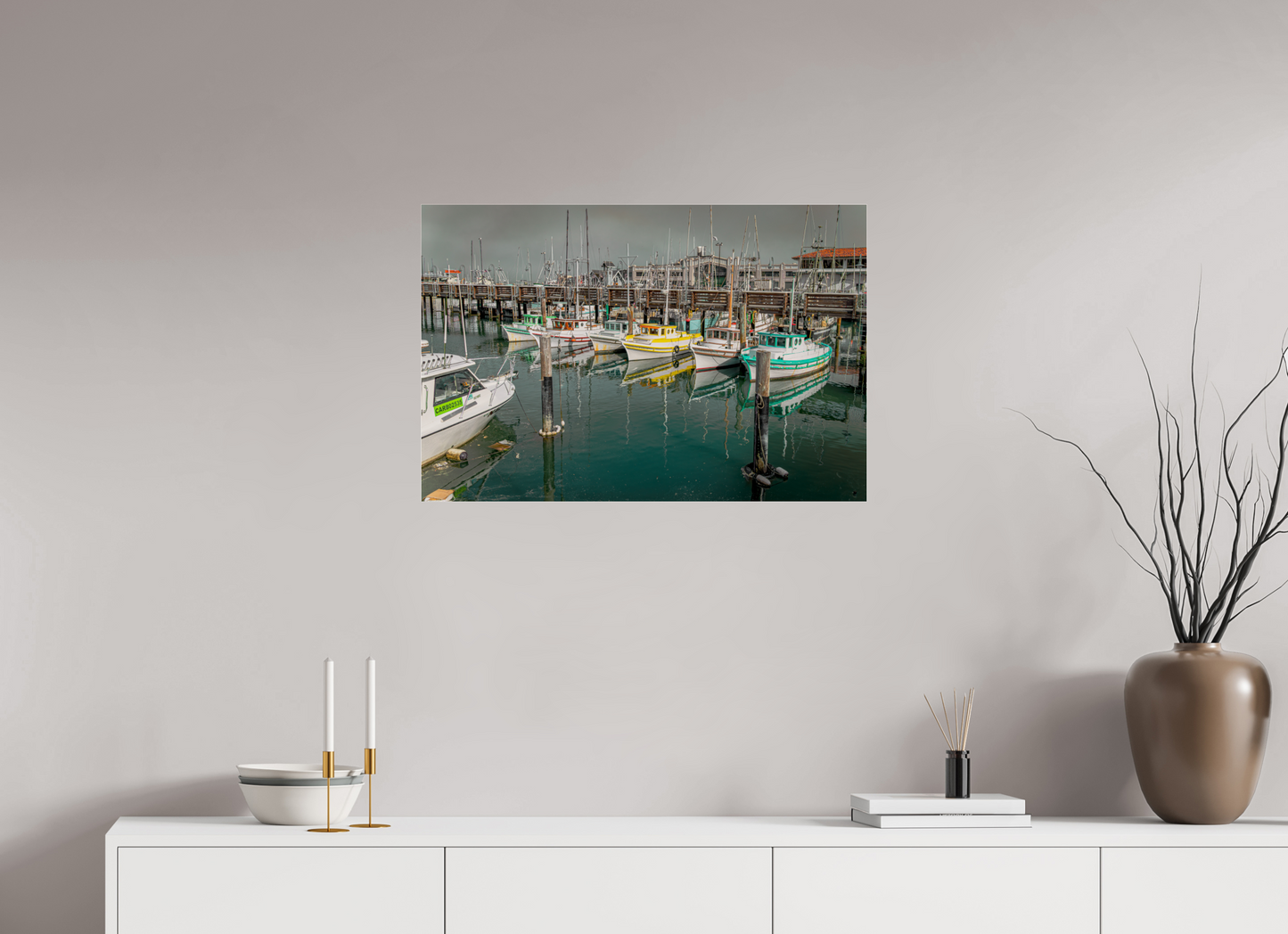30 x 20″, Print Under Acrylic Glass On Fuji Crystal San Francisco Botes en Muelle